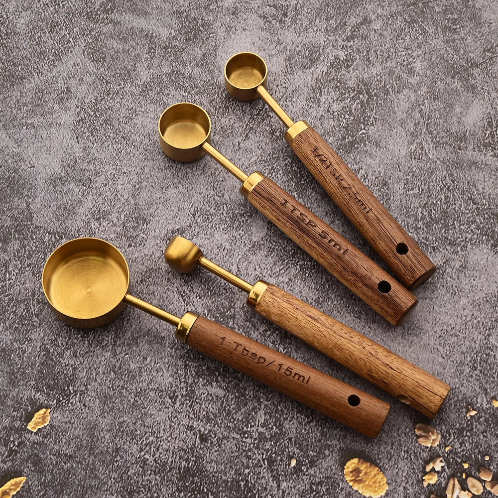 Gold Wooden Handle Stainless Steel Measuring Cups