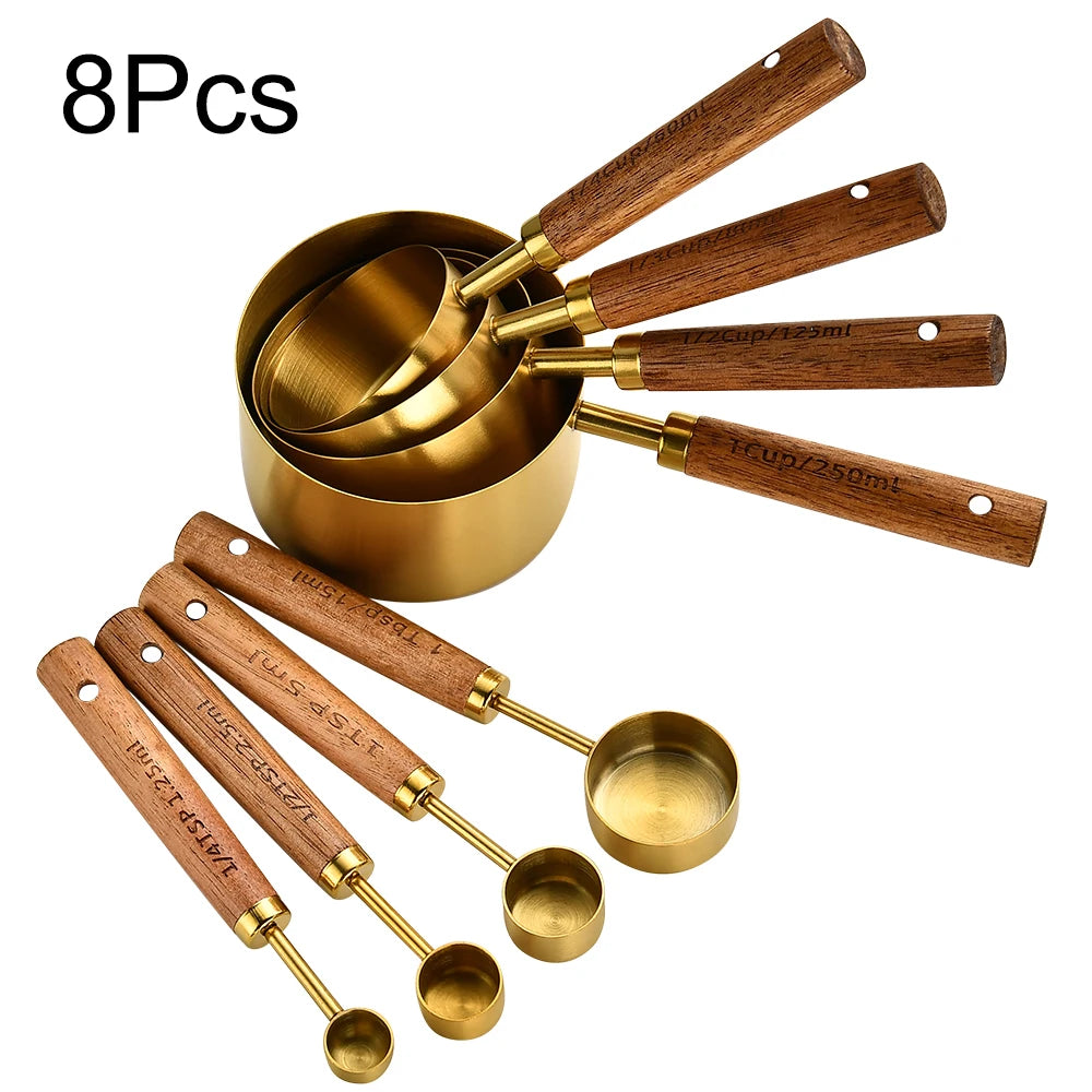 Gold Wooden Handle Stainless Steel Measuring Cups