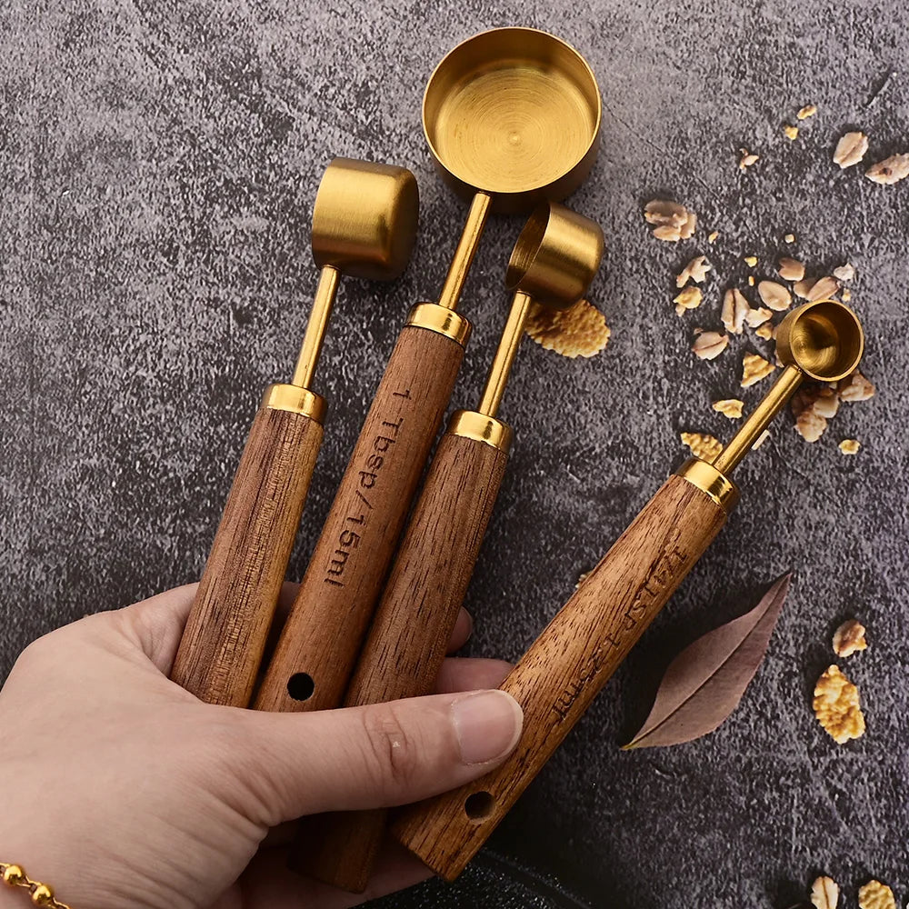 Gold Wooden Handle Stainless Steel Measuring Cups