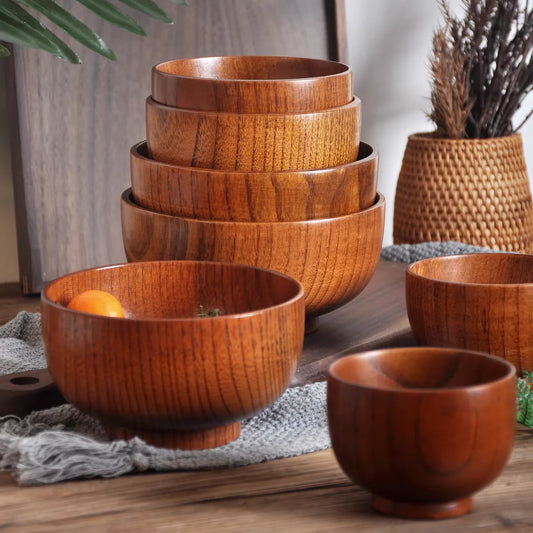 Wooden Bowls, Wood Salad Bowls Retro Household Tableware