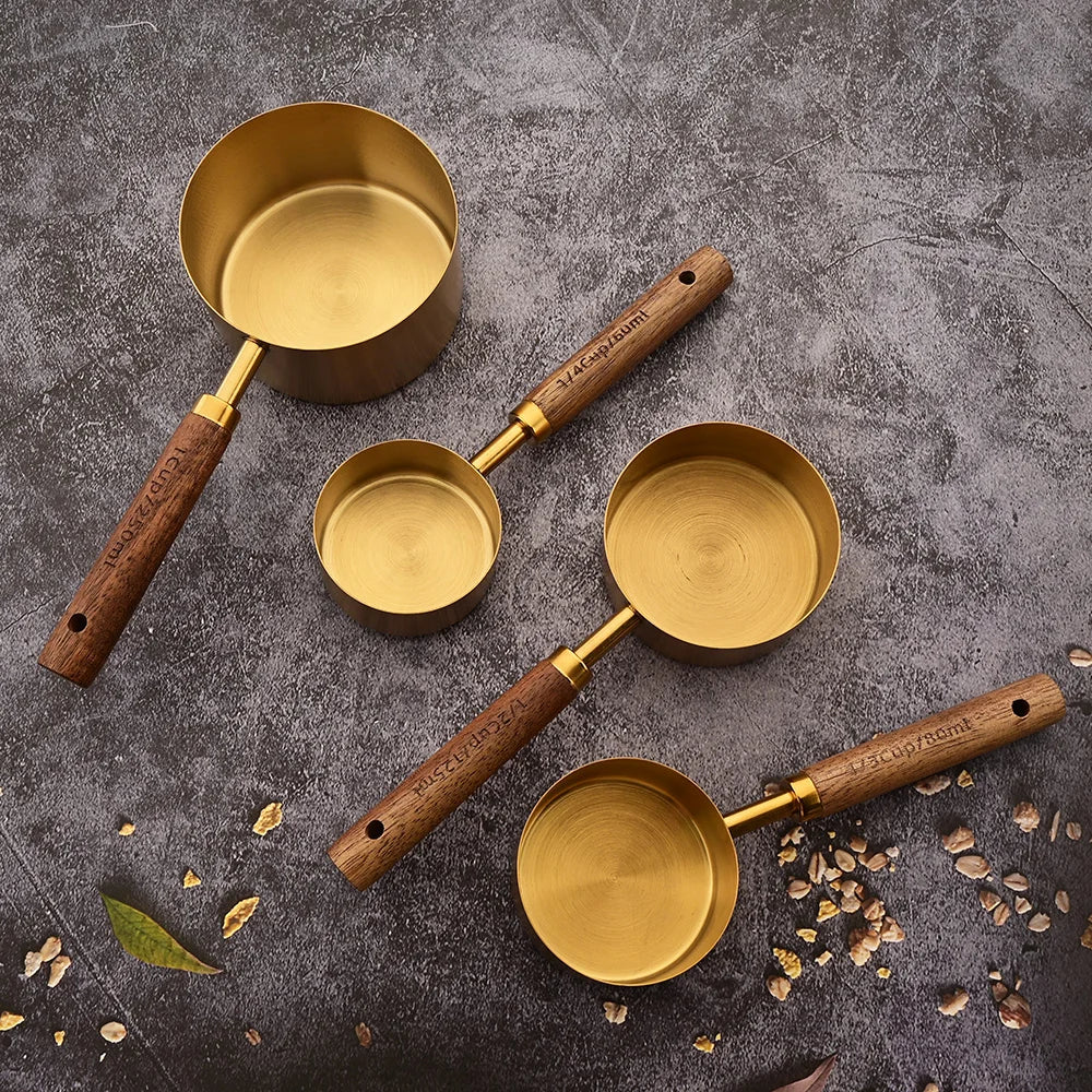 Gold Wooden Handle Stainless Steel Measuring Cups