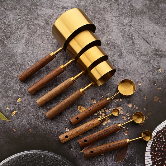 Gold Wooden Handle Stainless Steel Measuring Cups