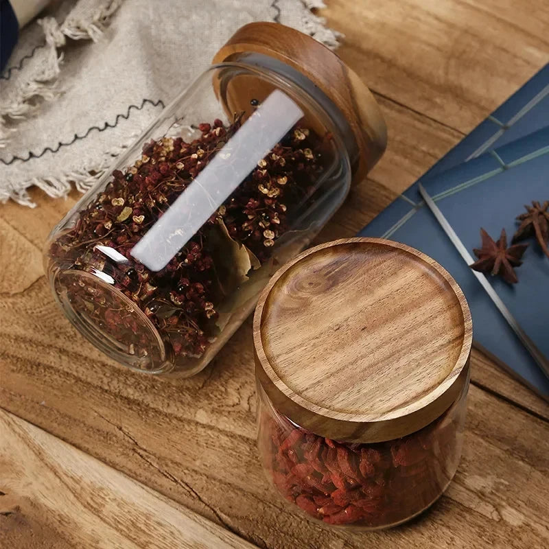 Wood Lid Orgnizer, Kitchen Storage Bottles, Sealed Food Container