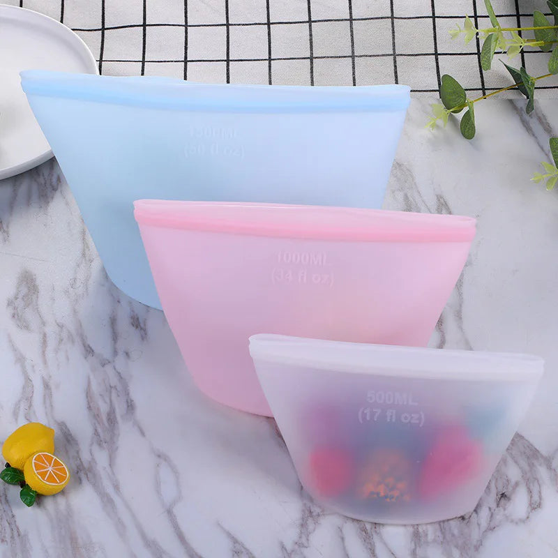Silicone food storage bag, reusable, self-supporting containers
