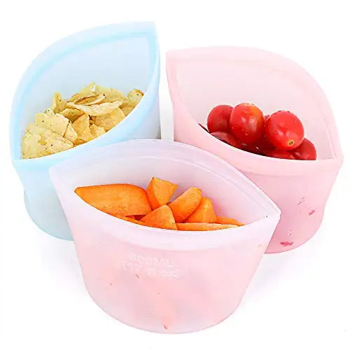 Silicone food storage bag, reusable, self-supporting containers