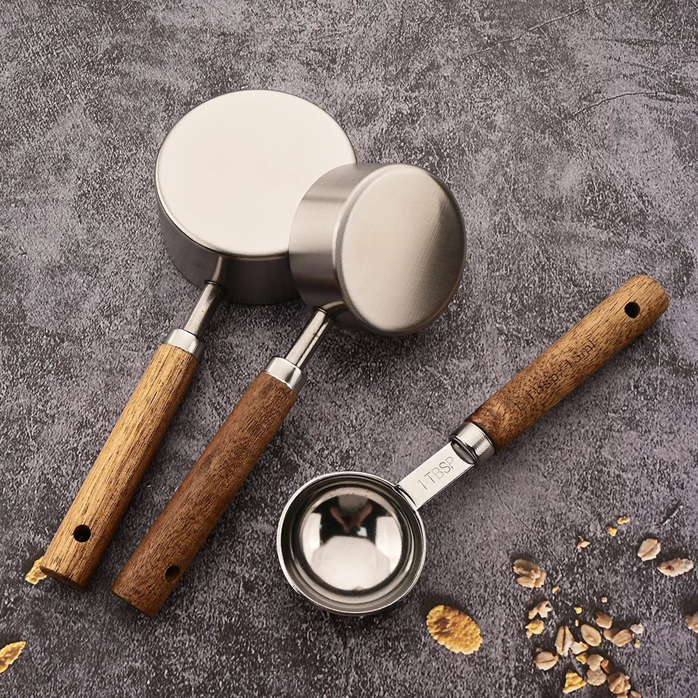 Gold Wooden Handle Stainless Steel Measuring Cups