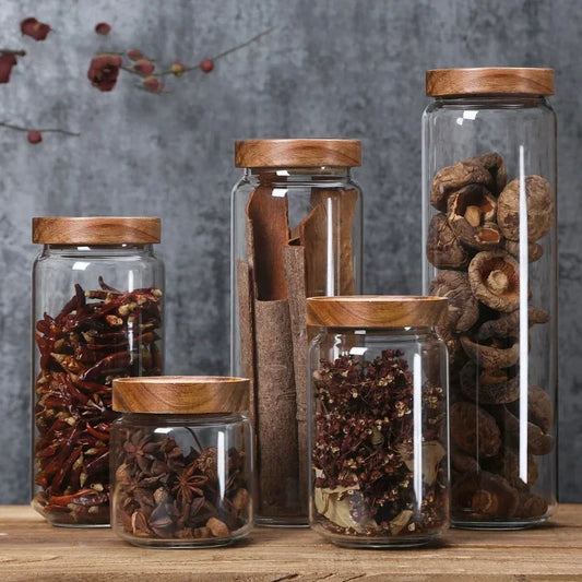 Wood Lid Orgnizer, Kitchen Storage Bottles, Sealed Food Container