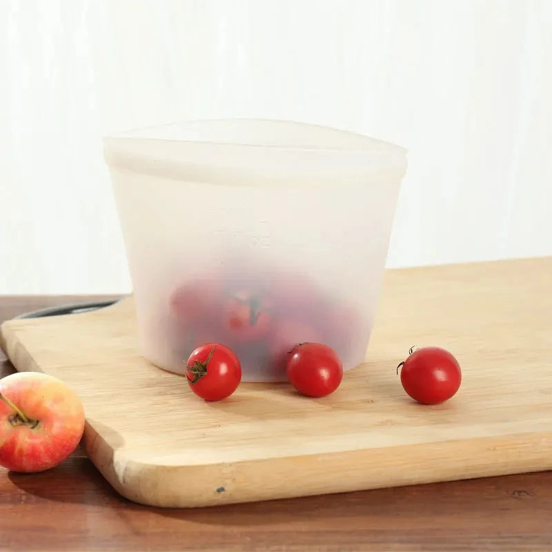 Silicone food storage bag, reusable, self-supporting containers